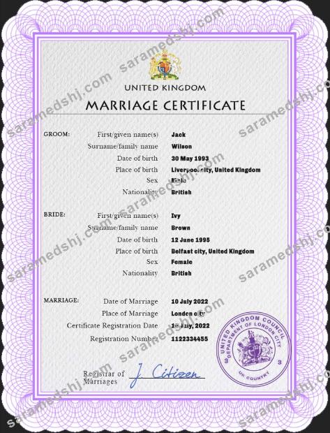 United Kingdom marriage certificate PSD template,